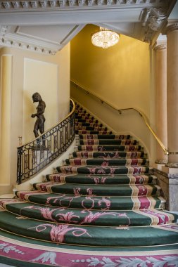 Çiçekli halı ve süs heykeli olan iç merdiven..