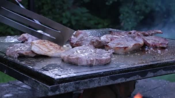 热铁盘上烤猪腰肉 — 图库视频影像