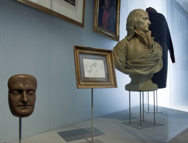 Nice France March 31, 2010. Napoleon's death mask at the Massena Museum. Four original pieces have survived, one of which can be seen behind the glass. The Emperor's sword is also on display here.