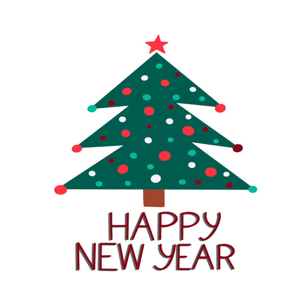 Векторная рождественская иллюстрация на белом фоне с зеленой елкой, украшенной шарами и звездой сверху и новогодним знаком. Применение в печатных материалах, изготовление открыток, очистка и многое другое
.