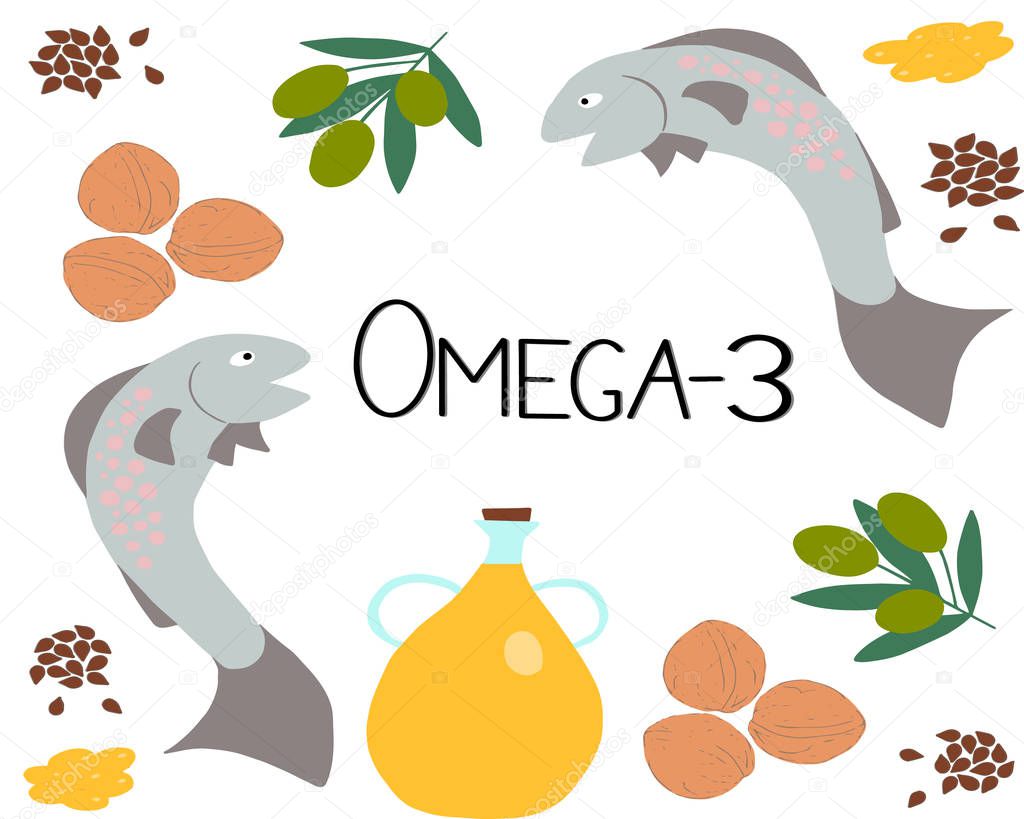 Vector Omega-3 products and the inscription omega-3 in the center. Polyunsaturated fatty acids in flax seeds, rapeseed oil, fish, olives, nuts. A healthy lifestyle concept. Great for healthy magazines and sites and in medical applications.