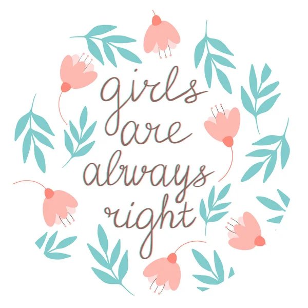 Kızlar her zaman turkuaz ve soluk pembe tonlarında yapraklar ve çiçeklerle çizilmiş bir çerçevede doğru vektörlerdir. Kızlarla ilgili cümleler, Clipart. Baskı endüstrisinde uygulama, çıkartma üretimi ve daha fazlası.