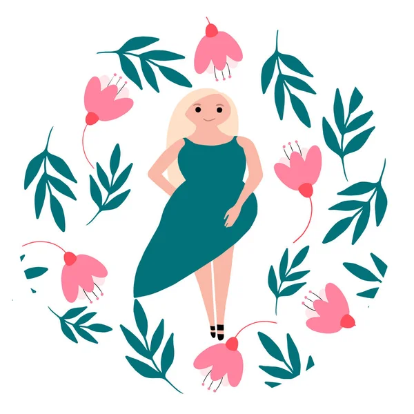 Иллюстрация Блондинкой Зеленом Платье Ручной Раме Цветами Листьями Цветах Ментола — стоковое фото