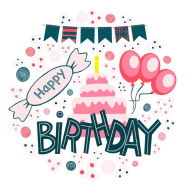 Tebrik ederim, balonlar, şekerler ve bayraklar için dilekler. Mumlu doğum günü pastası. Reklam, baskı endüstrisi, bayram nitelikleri başvurusu. Tatil konsepti..