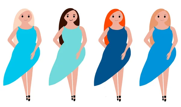 Складається Чотирьох Дівчат Різними Кольорами Волосся Сукнях Відтінків Синього Кольору — стокове фото