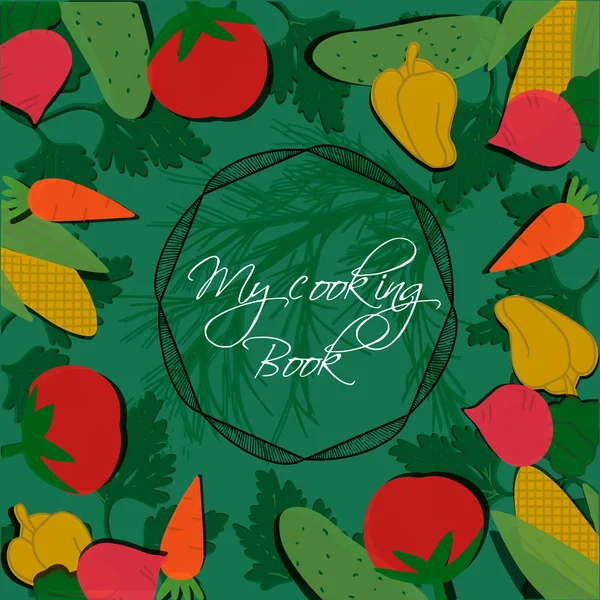 Çizilmiş sebzeli bir yemek kitabının kapağının vektör çizimi. 