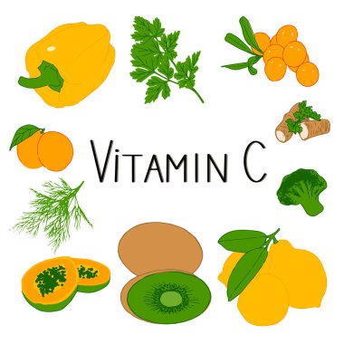 El çizimi C vitamini ürünleri.
