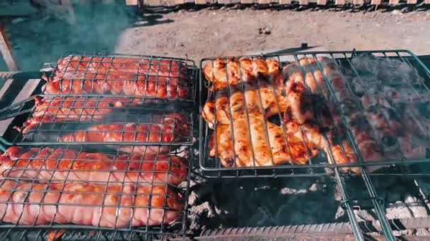 Grillkylling Pølser Grillen Hvile Naturen Grille – stockvideo