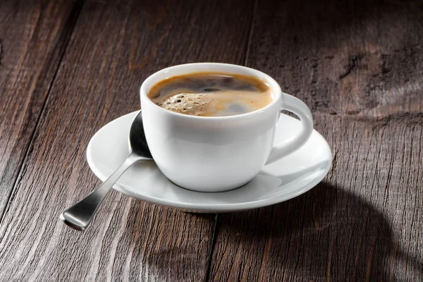 Cup Coffee Nice Foam Close Spoon White Saucer Dark Wooden — Stock Photo, Image