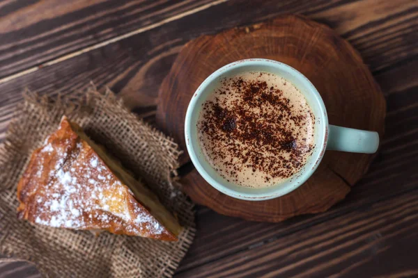 Cup Coffee Apple Pie Rural Wooden Tabletop Latte Cappuccino Chocolate — Stock Photo, Image