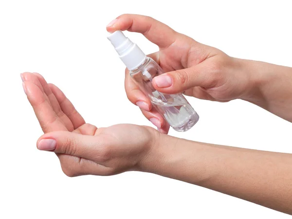 Hand Disinfection Lady Hand Takes Alcohol Disinfectant Spray Her Hands — Stock Photo, Image