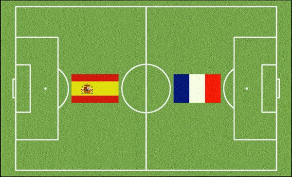 足球比赛西班牙 法国在草坪上 — 图库照片