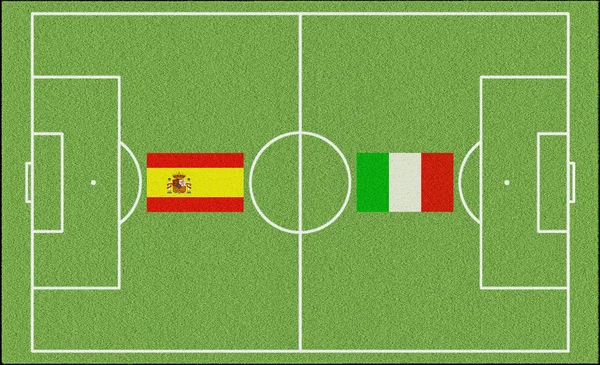 西班牙反对意大利在世界冠军橄榄球以旗子和橄榄球场 — 图库照片