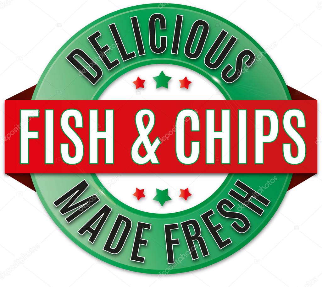 round delicious fish and chips badge