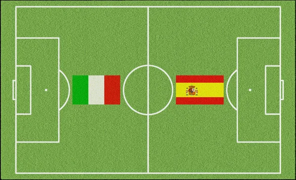 意大利对西班牙在世界锦标赛中足球的旗帜和足球场 — 图库照片