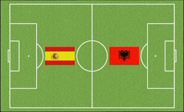 西班牙对阵阿尔巴尼亚在世界锦标赛中足球的旗帜和足球场 — 图库照片