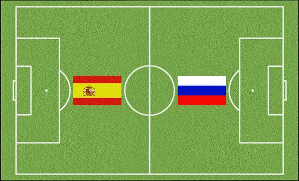足球比赛西班牙 俄罗斯在草坪上 — 图库照片