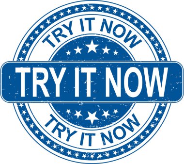 Mavi denemek o şimdi lastik damgası Internet tabelada beyaz arka plan