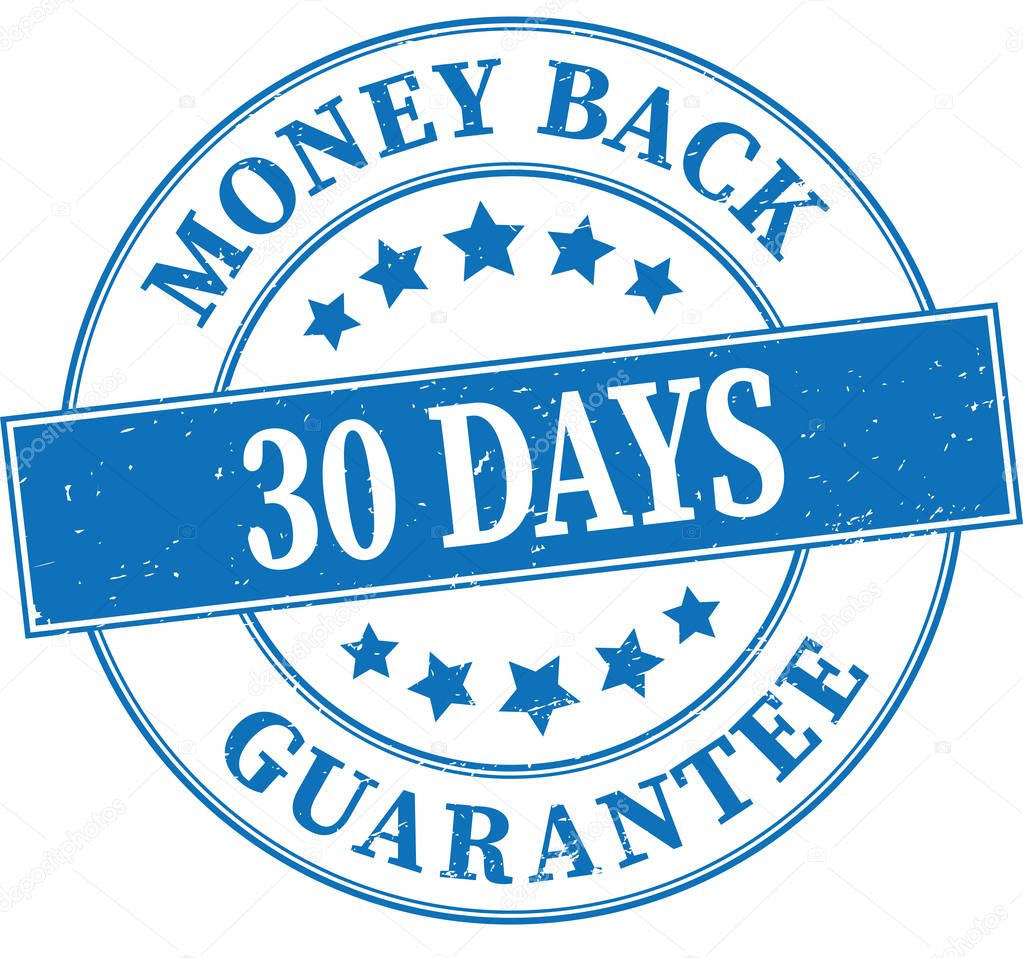 blue money back gurantee 30 days grungy round rubber stamp illus
