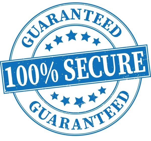 Azul 100% seguro garantizado grungy ronda sello de goma illustrati — Vector de stock