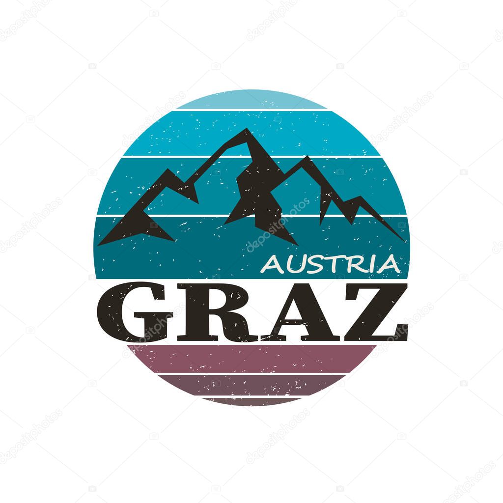 Graz Austria City. Lettering Vector Illustration. Travel and Tourism a round design. Travel poster, postcard and advertising design.