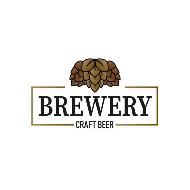 Bira fabrikası logosu, etiket, rozet şablonu ve hop Vintage tarzı. Vektör illüstrasyonu.