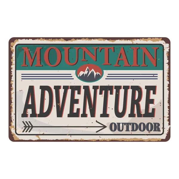 Montagne Aventure vintage métal rouillé signe sur un fond blanc, illustration vectorielle — Image vectorielle