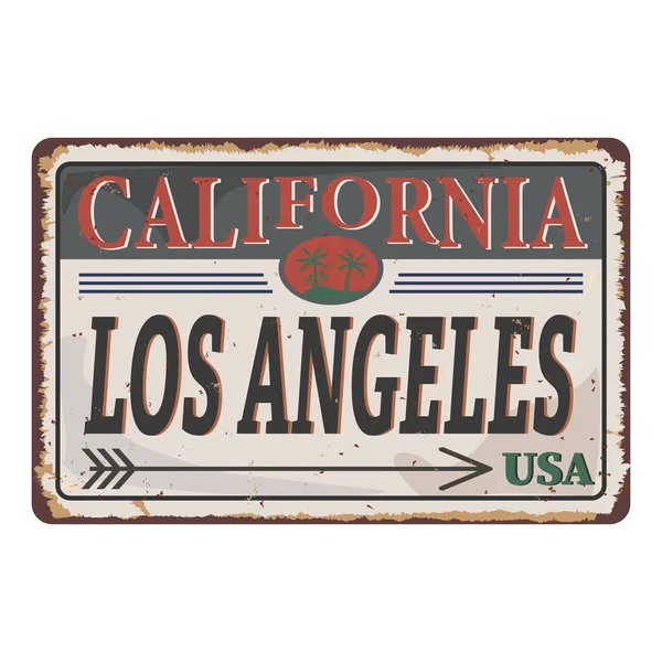 Cartel de lata California Los Angeles Vintage con recuerdo retro o plantilla de postal sobre fondo oxidado. Papel viejo vintage — Vector de stock