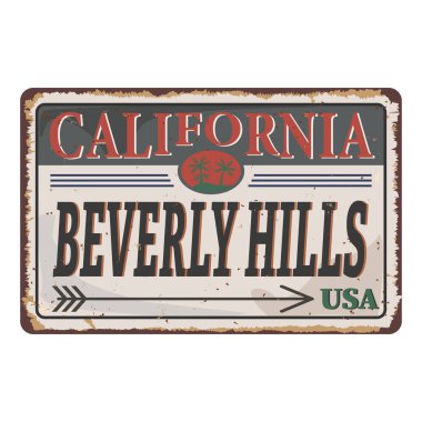 Kaliforniya Beverly Hills beyaz arka planda paslı metal tabelası, vektör illüstrasyonu