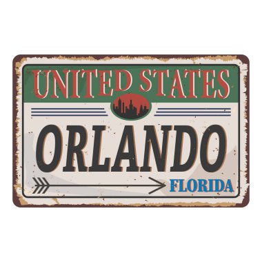 Beyaz arkaplandaki Orlando klasik paslı metal tabelasına hoş geldiniz.