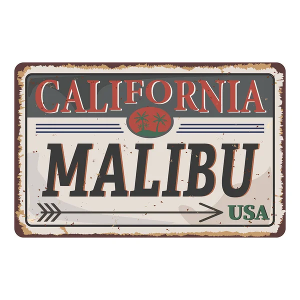 Malibu Beach, California cartel de placa de metal oxidado vintage retro . — Vector de stock