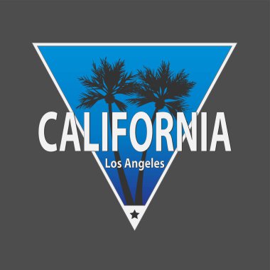 Kaliforniya, Los Angeles - tasarım giysileri için tipografi, palmiye ağaçlı tişört. Üçgen şeklinde. Baskı ürünü ve giyim için grafikler. Vektör illüstrasyonu.