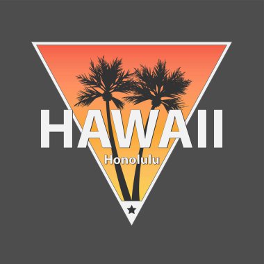 Kaba palmiye ağacı, vektör çizim, tipografi, baskı, logo, afiş ile Hawaii Honolulu t-shirt ve konfeksiyon tasarım. Küresel renk örnekleri.