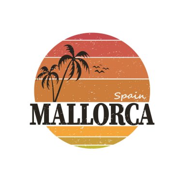 Mallorca, İspanya 'nın vektör yaz illüstrasyonu. Beyaz arka planda izole edilmiş yuvarlak elementler. Etiket olarak kullanılabilir, tişörtler için baskı yapılabilir