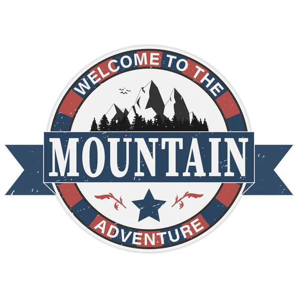 Vector vintage bem-vindo ao logotipo do emblema de aventura da montanha sinal de carimbo grungy em um fundo branco — Vetor de Stock