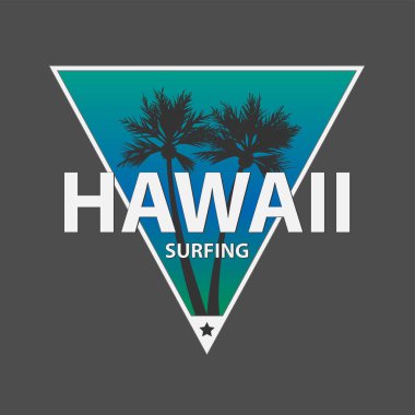 Vektör Illustration sörf ve sörf Hawaii temalı. Vintage tasarım. Grunge arka plan. Tipografi, t-shirt grafik, baskı, poster, afiş, el ilanı, posta kartı