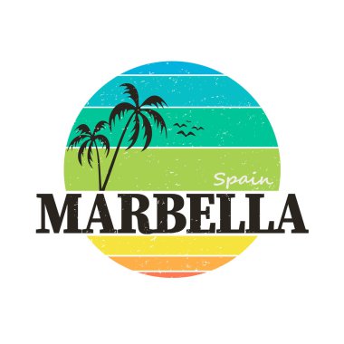 Modern tarzda Marbella. Hediyelik eşyalar ve tişörtler için basit bir logo. Vektör Eps10 illüstrasyonu.