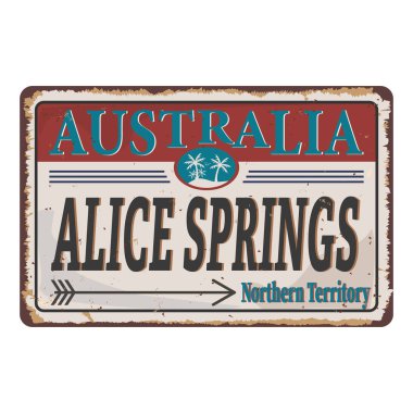 Metal rusy işareti Alice Springs, unutulmaz bir tatil için her şey beyaz, vektör illüstrasyonu