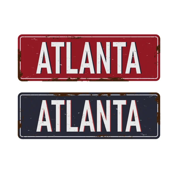 Vintage tinnen bord. Atlanta. Retro souvenirs of oude ansichtkaart sjablonen op roest achtergrond. — Stockvector