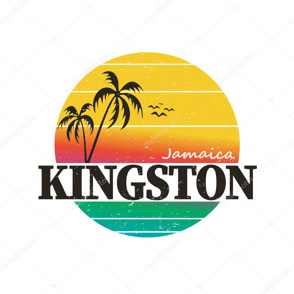 Kingston jamaica paradise vintage sunset palm tree distressed poster beach apparel.
