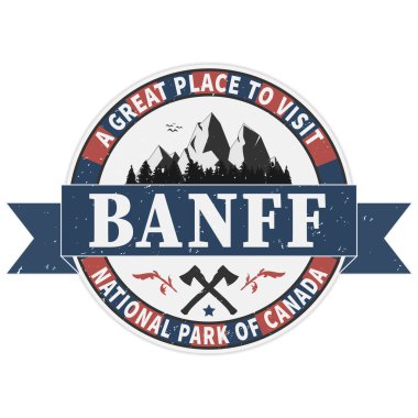 Beyaz arka plan banff milli parkı grunge kauçuk damga, vektör illüstrasyon