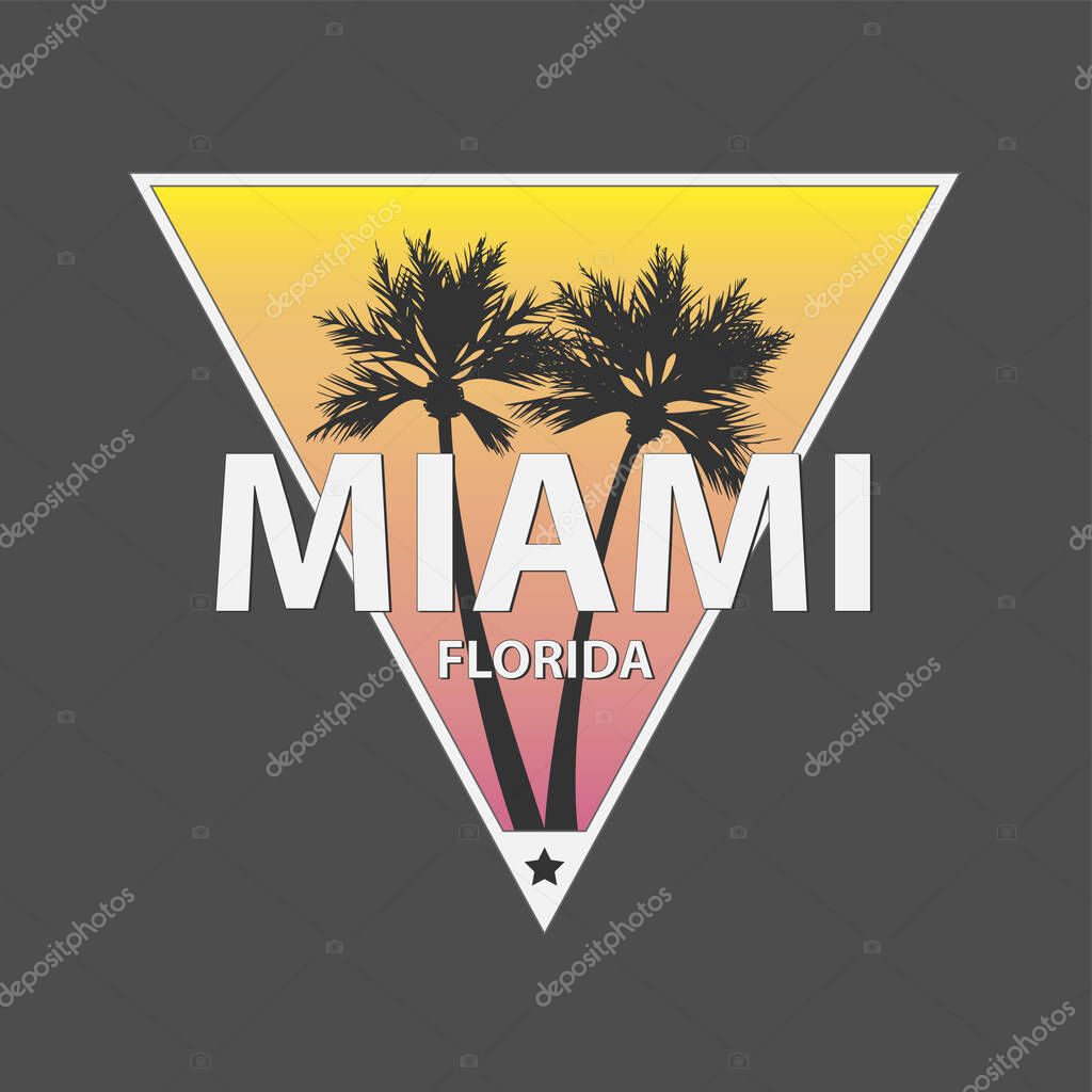 Miami florida vector illustration concept in vintage retro graphic style for t-shirt and other print production. Palms, sun. Triangle badge logo design. Vacation holiday label