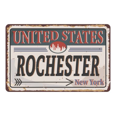 Amerika Birleşik Devletleri Rochester klasik paslı metal tabelası beyaz arka planda, vektör illüstrasyonu