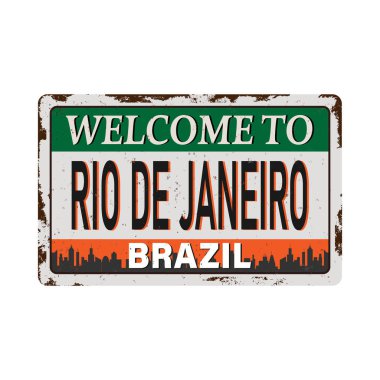 Turistik Retro Vintage karşılama tabelası, tipografik arkaplan Rio de Janeiro 'ya hoş geldiniz, Vektör tasarımı. Doku efektleri kolayca kapatılabilir.