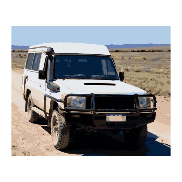 Offroad coche blanco en el australiano outback vector ilustración — Archivo Imágenes Vectoriales