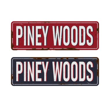 Beyaz arkaplanda Pine Woods Vintage boş paslı metal işareti Vector Illustration