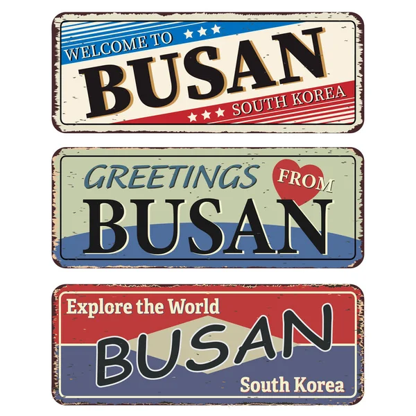 Busan bleu carré grunge bienvenue à rouillé signes métalliques ensemble — Image vectorielle