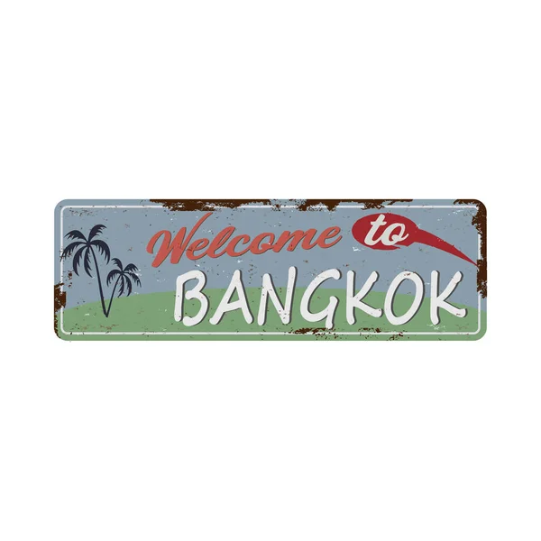 Willkommen bei Bangkok Vintage Blechschild mit Retro-Souvenirs oder Postkartenvorlagen auf Rost-Hintergrund — Stockvektor