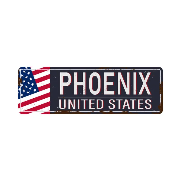 Cartel de metal Phoenix Arizona USA ciudad. Recuerdos de viaje sobre fondo dañado grunge . — Archivo Imágenes Vectoriales