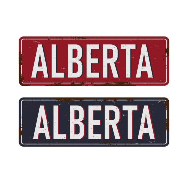 Alberta. Kanada 'nın paslı metal tabelası turist tabelası için